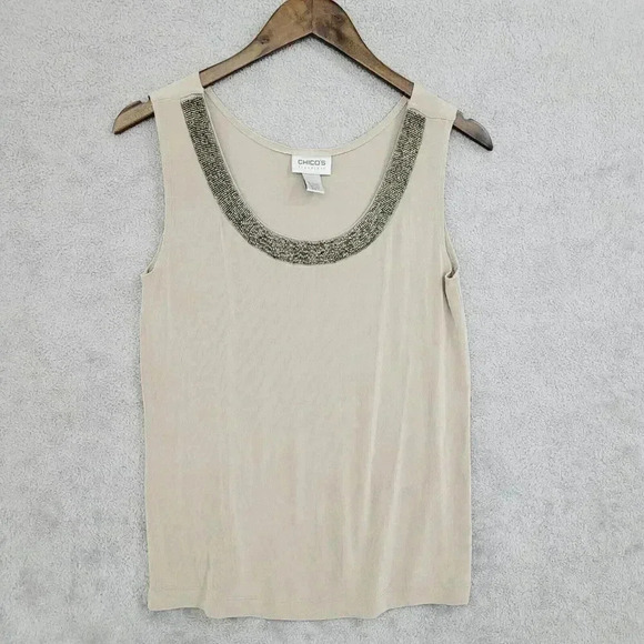 Chicos Travelers Beaded Neck Beige Tank Top Size 1/M Womens 21CT - Picture 1 of 6
